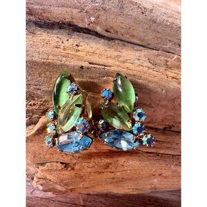 Alice Caviness Vintage Gold-Tone Clip-On Earrings W/ Green & Blue Rhinestones